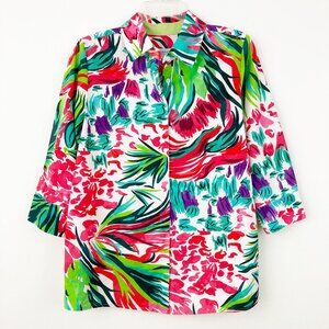 Perlavera COS Button Up Shirt Size S Cotton 3/4 Sleeve Multicolor Collar